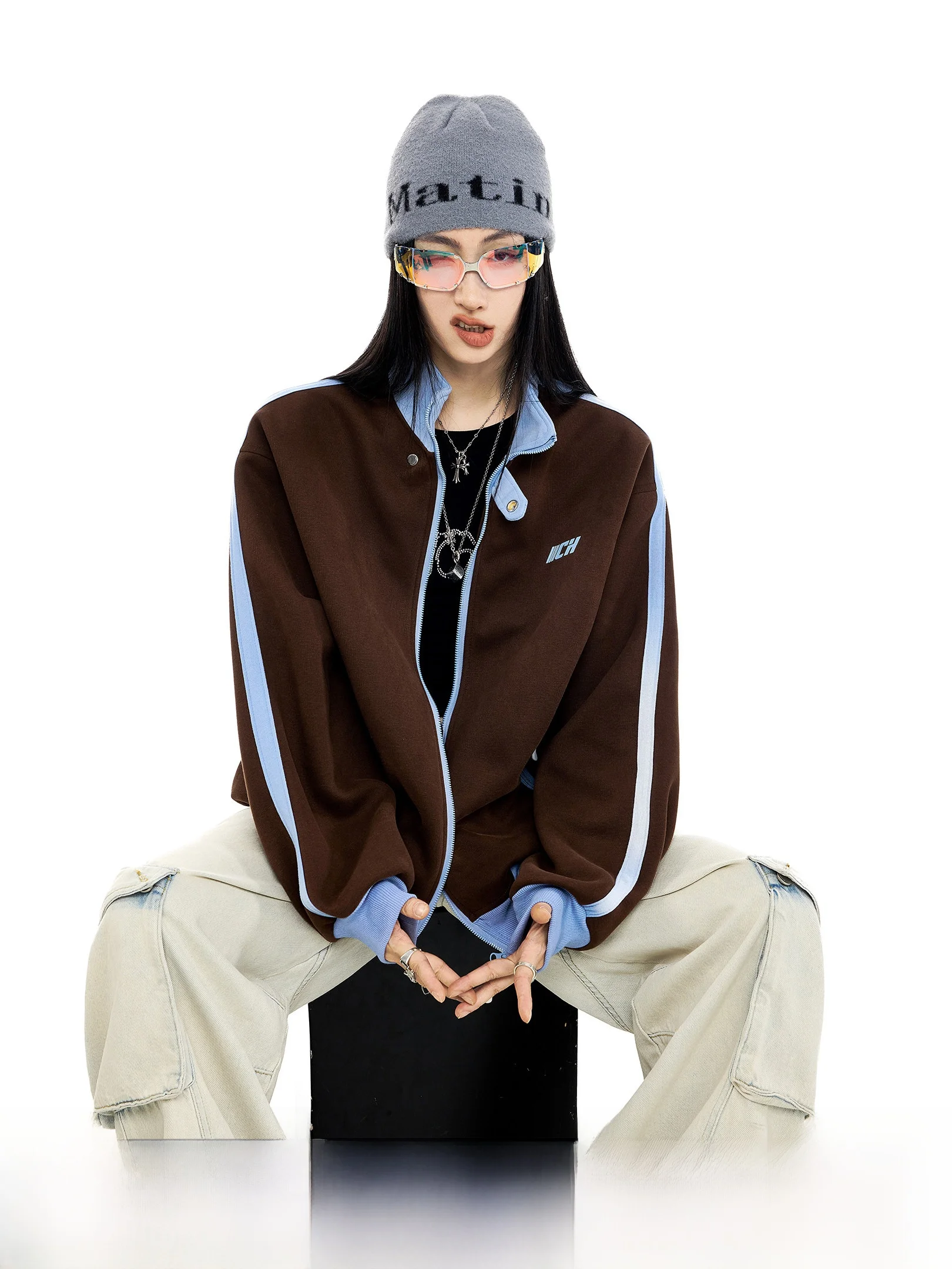 

American Sle Color Blo Casual Stand Collar Women's Sweater Coat Spring New Arrival Loose Fit Long Sve ort Length