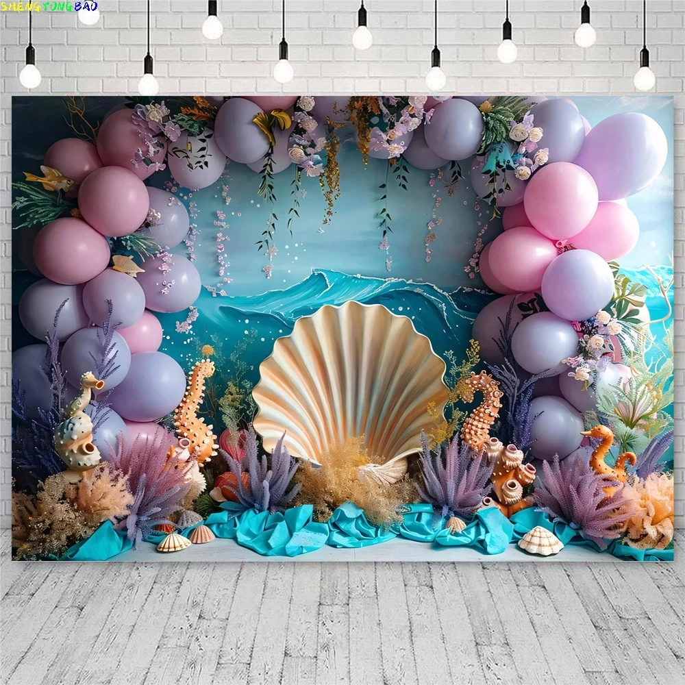 Photography Background Little Mermaid Shell Balloon Princess Birthday Cake Smash Portrait Decor Backdrop Photo Studio