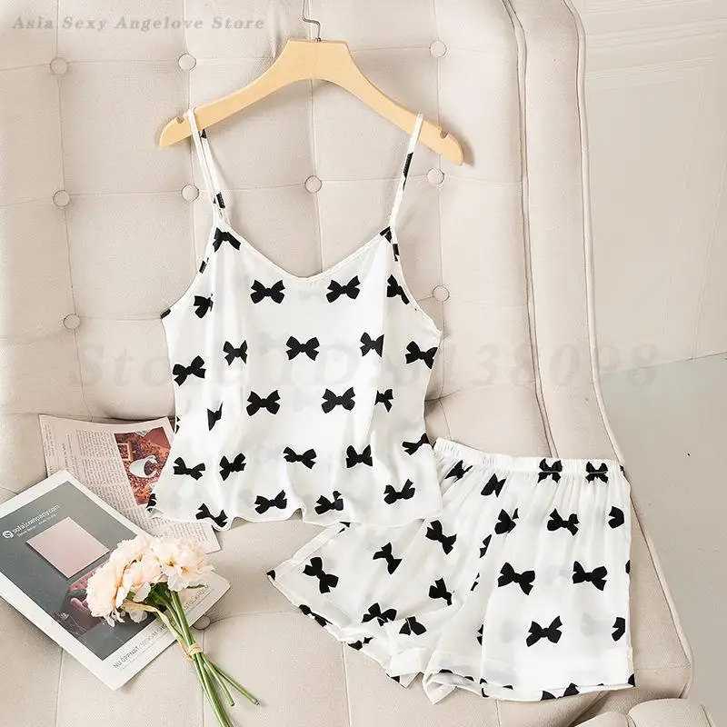 

White Strap Cami&Shorts 2PCS Sleepwear for Lady Sexy Bow Print Pajamas Suit Loungewear Summer Ice Silk Home Clothing Lingerie