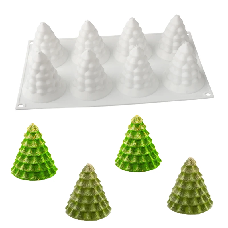 SHENHONG Christmas Tree Design French Mousse Mould 8-Cell Silicone Cake Molds Merry Christmas Food Grade Dessert Baking Tools