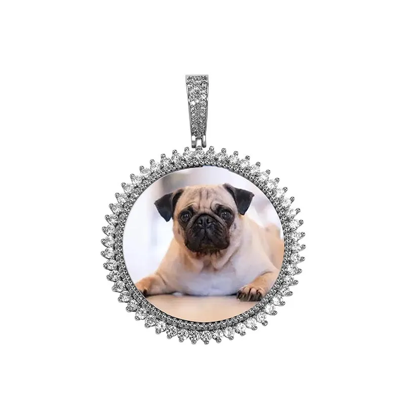 Sunflower Shaped Edge Custom Photo Pendant Round Medallion Micro‑Paved CZ Zircon DIY Memory Hip‑Hop Necklace Charm Wholesale