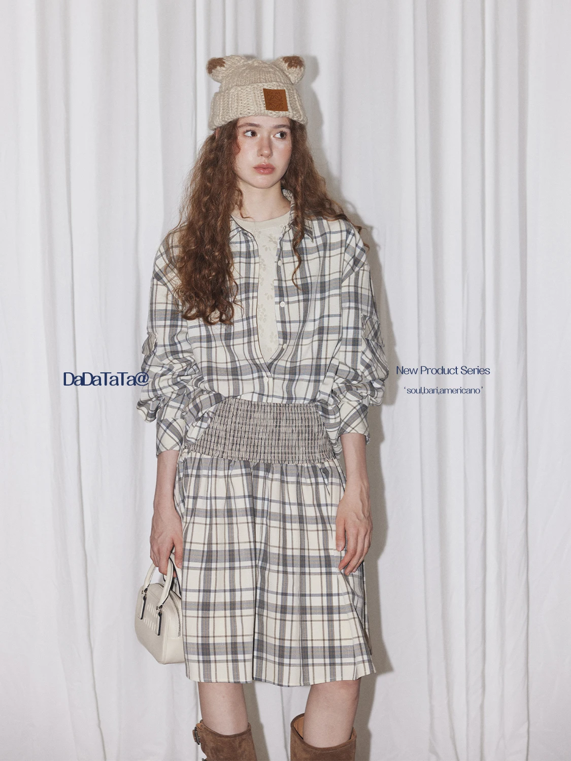 

Женский комплект: длинная рубашка в клетку и плиссированная юбка из дышащей легкой смесовой ткани (хлопок/полиэстер) для повседневной носки, осенний...