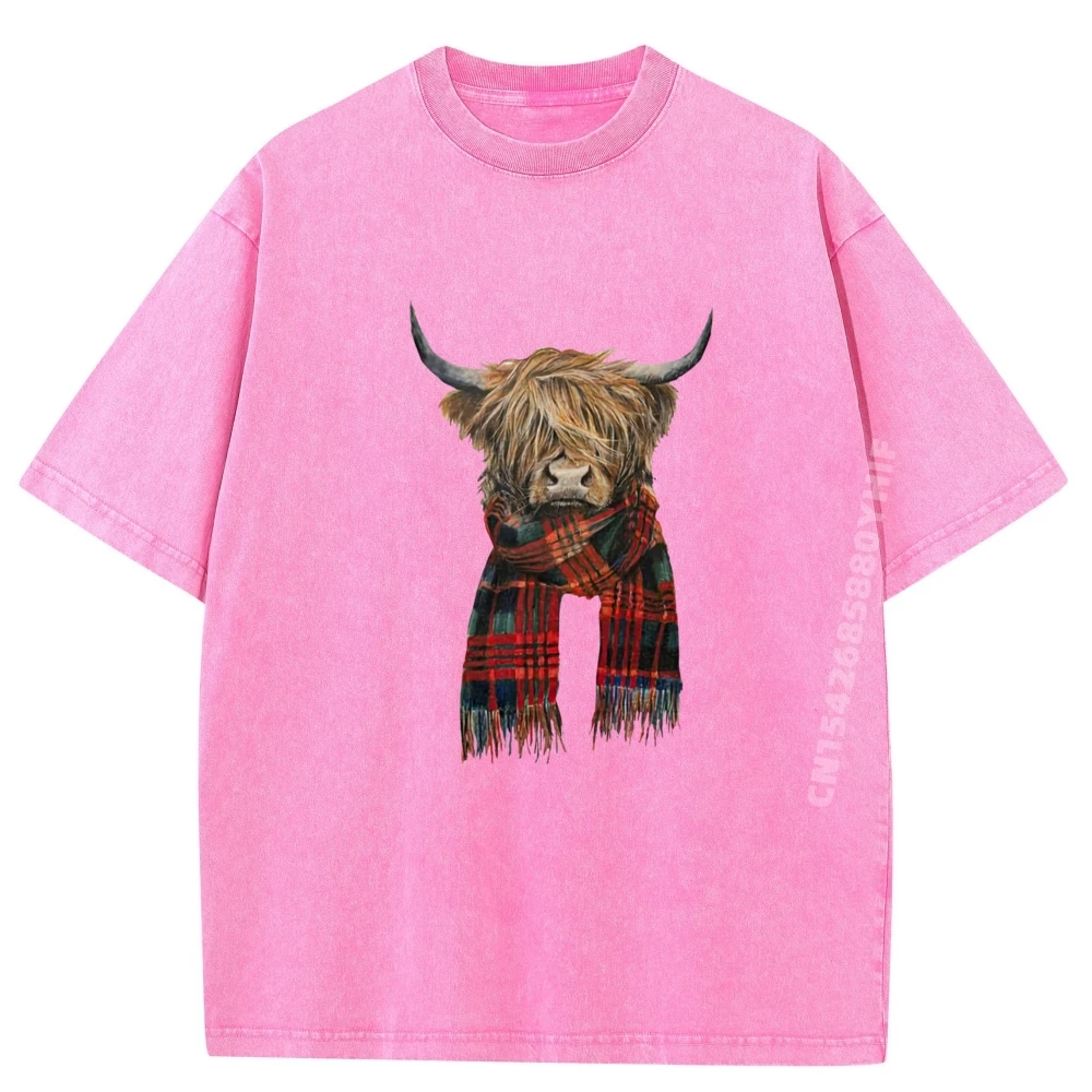 Leuke Hoogland Koe Dragen Buffalo Plaid Sjaal Landbouw Boer Anime T-shirts Zomer Meme Tshirt Retro Gewassen T-shirt