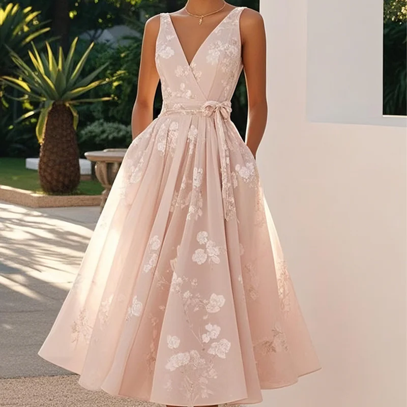 أنيقة مثير الخامس الرقبة القوس الدانتيل يصل فستان الحفلات النسائية الصيف عادية مطوي فساتين بوهو أنيقة عطلة بلا أكمام ألف خط فستان طويل