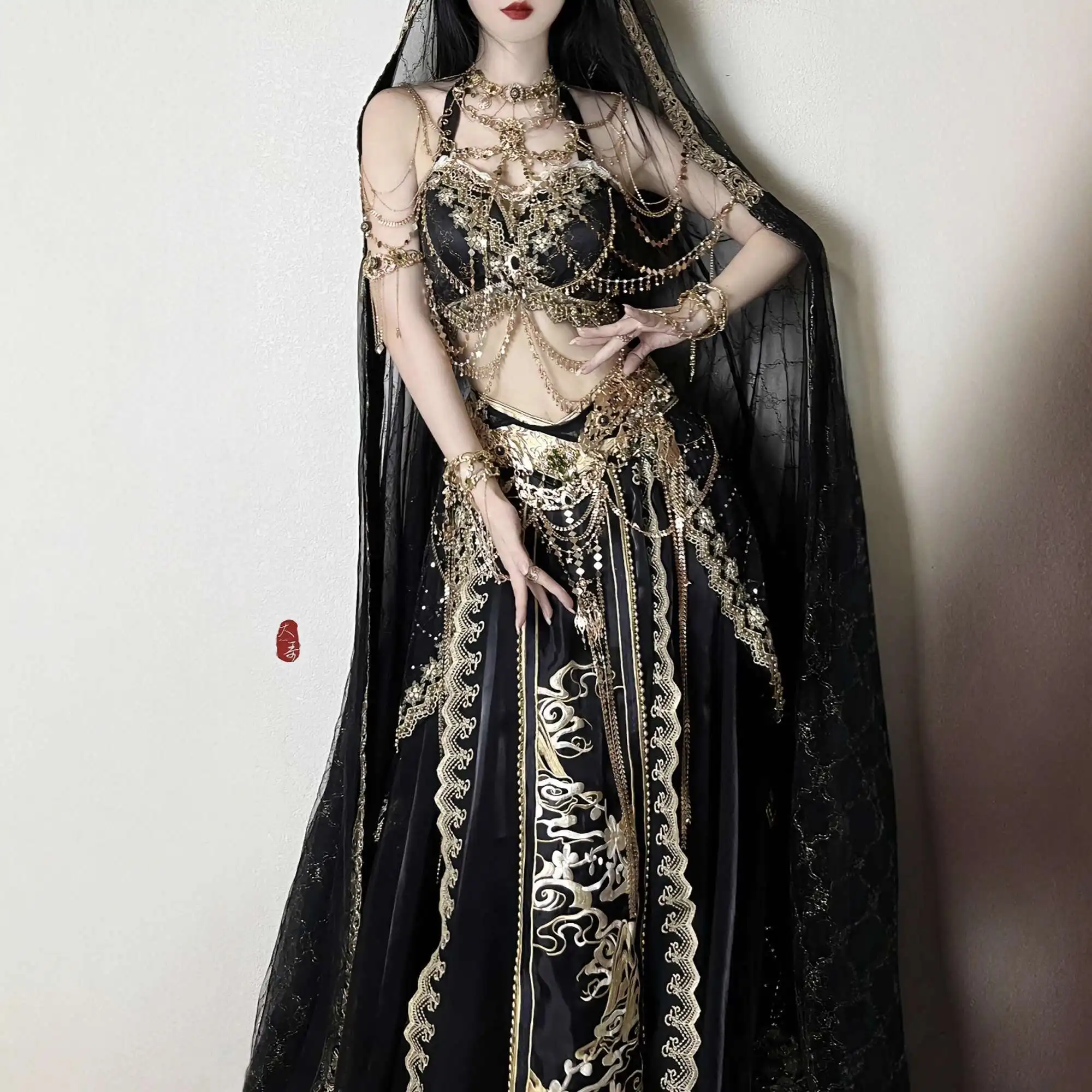 둔황 플라잉 아파사라스 블랙 코스프레 드레스 세트 튜브 탑 얀 스커트 베일 및 장신구 포함 공주 여행 촬영 의상