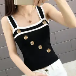 Outdoor Fashion French Style Irregular Tank Top Button Design Camisoles Women Crop Top