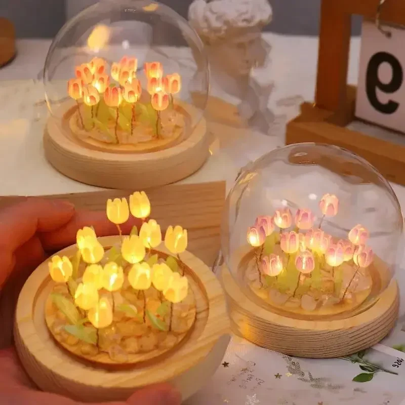 DIY Artificial Tulip Flower Night Light Ornaments Handmade Bedside LED Night Lamp Bedroom Desk Decor Birthday Gifts Table Lamp