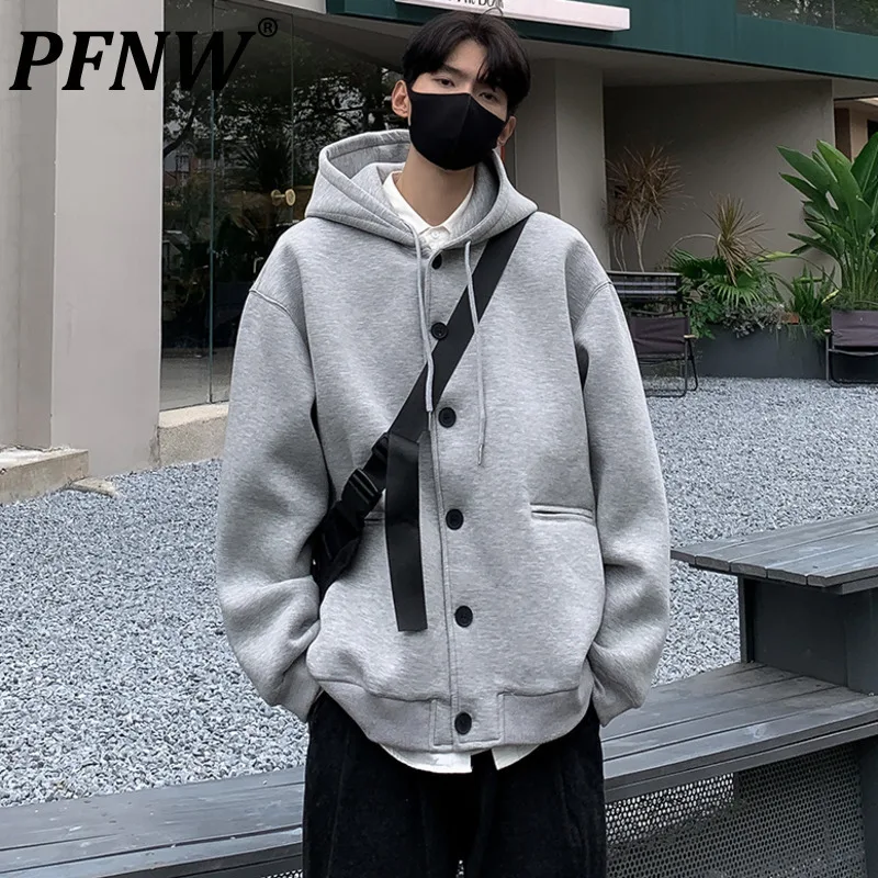 

PFNW Solid Color Cardigan Hooded Sweatershirt Men's Korean Drawstring Trendy High Street Handsome 2024 Autumn Loose Tops 28W4503