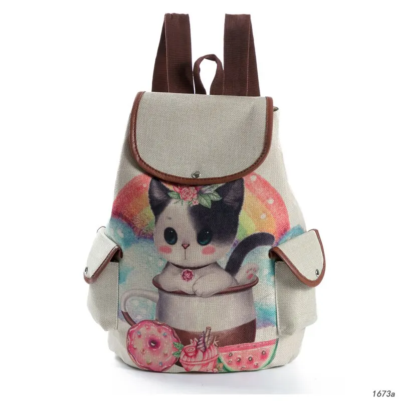 Creative Backpack Cartoon Cute Cat Print Schoolbag Large Capacity Cute Linen Women Shoulder Bag Backpacks For Girls School Child