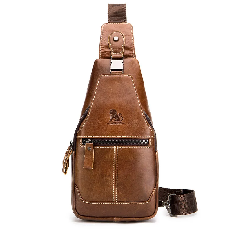 Men's leather chest bag retro casual shoulder bag large capacity mobile phone storage head layer cowhide chest bag