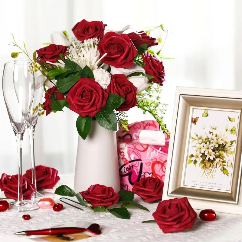25Pcs Plastic Artificial Flower With Stems Leaf Rose Head DIY Crafts Gift Home Room Decor Wedding Decoration Navidad Accessories - view 2