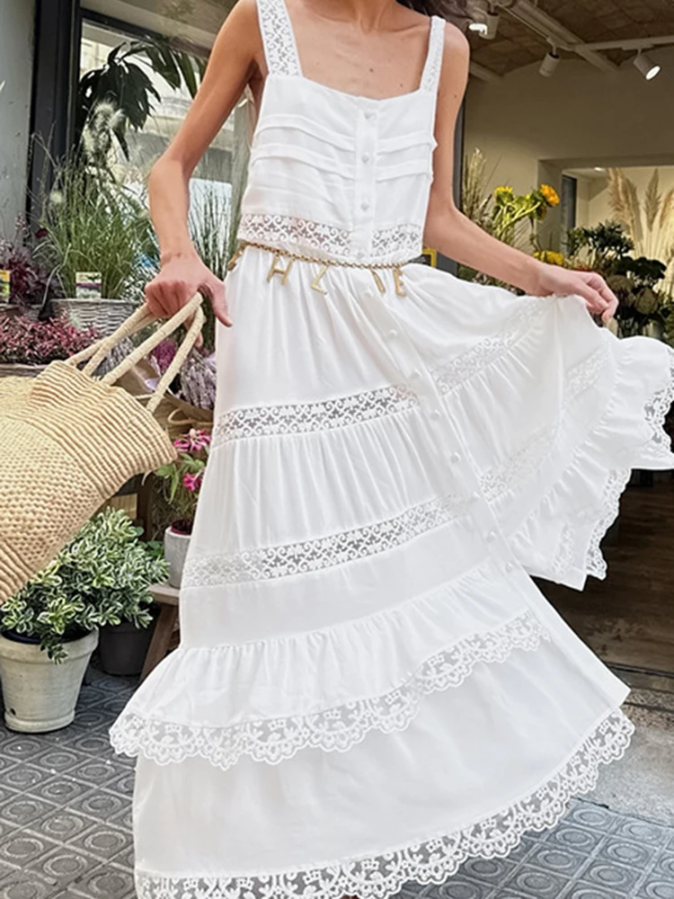 Senhora cintura alta cor sólida vestido de noite verão rendas oco para fora bohe maxi vestido causal sem mangas plissado praia férias vestido