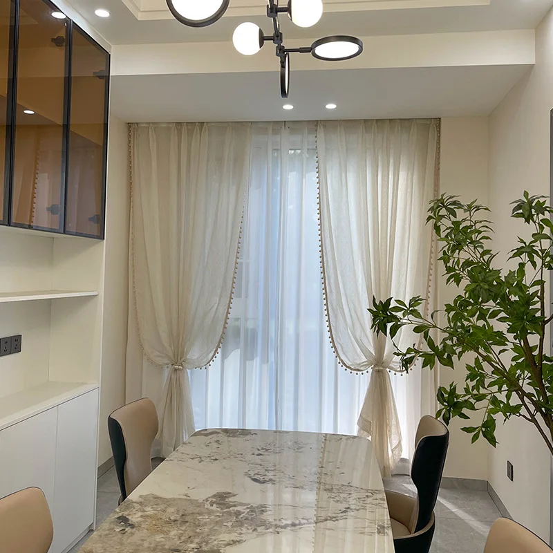 

French Log Yarn Small Wooden Beads Linen Gauze Curtain Window Screen Window Curtains for Living Dining Room Bedroom Villa Home