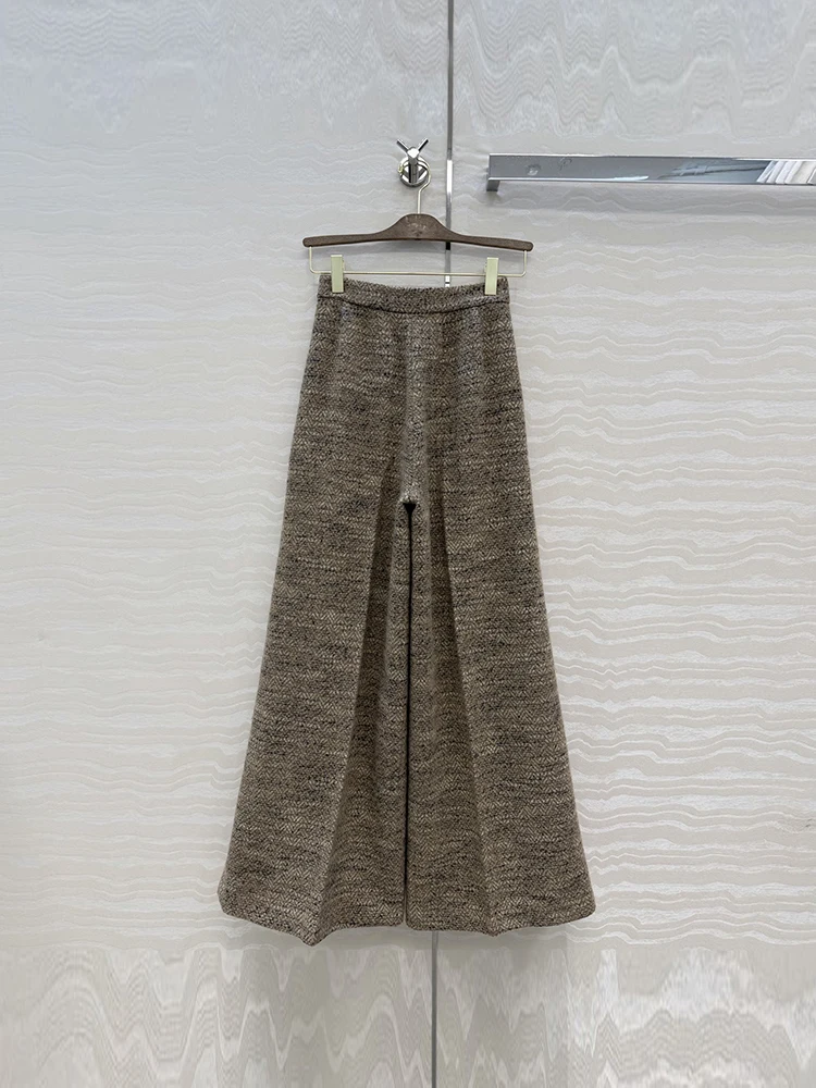Spring Autumn Fashion Wool Blend Vintage Tweed Casual Wide Leg Trousers Women's High Waist Pocket Loose Versatile Pants