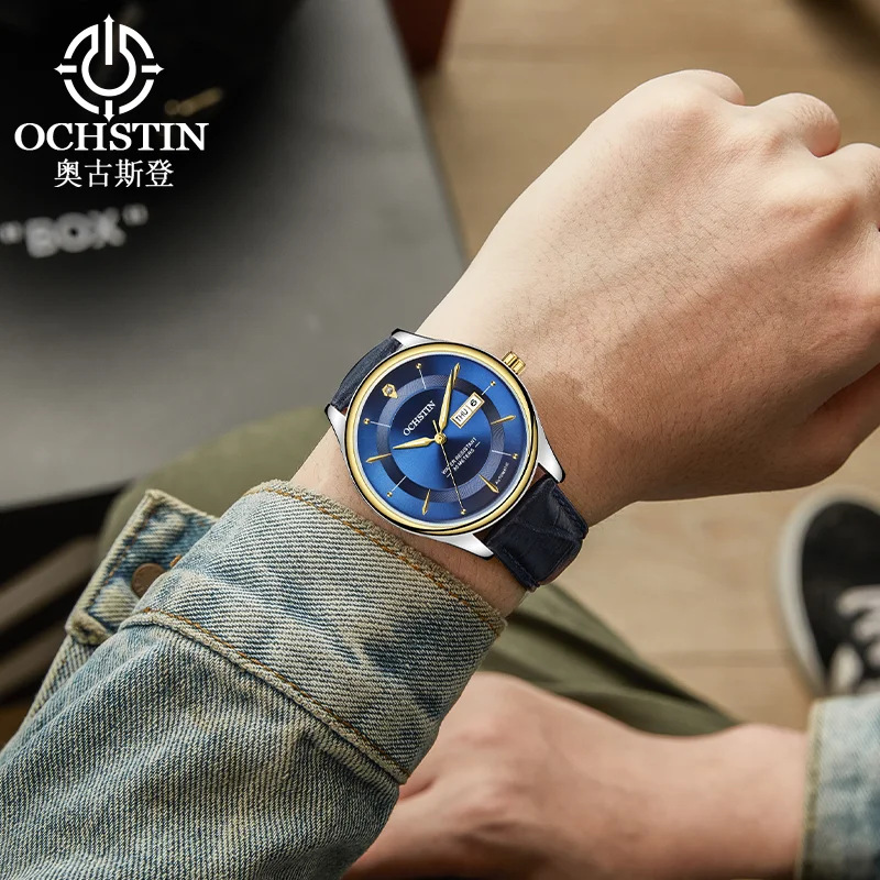 OCHSTIN Man Automatic Mechanical Watch Crafted With Durable Alloy Frame Men's Flexible Long-service Genuine Leather Strap Clock