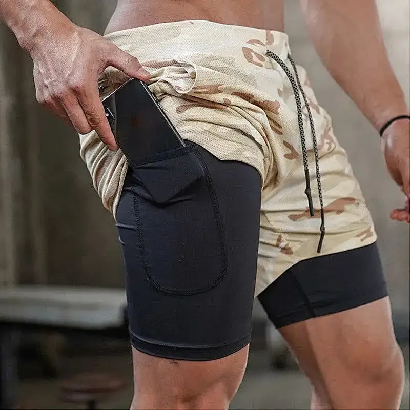 

Men's Camo Double Layer Sports Shorts Quick Dry Elastic Breathable Running Training Fitness Casual Five Point Pants