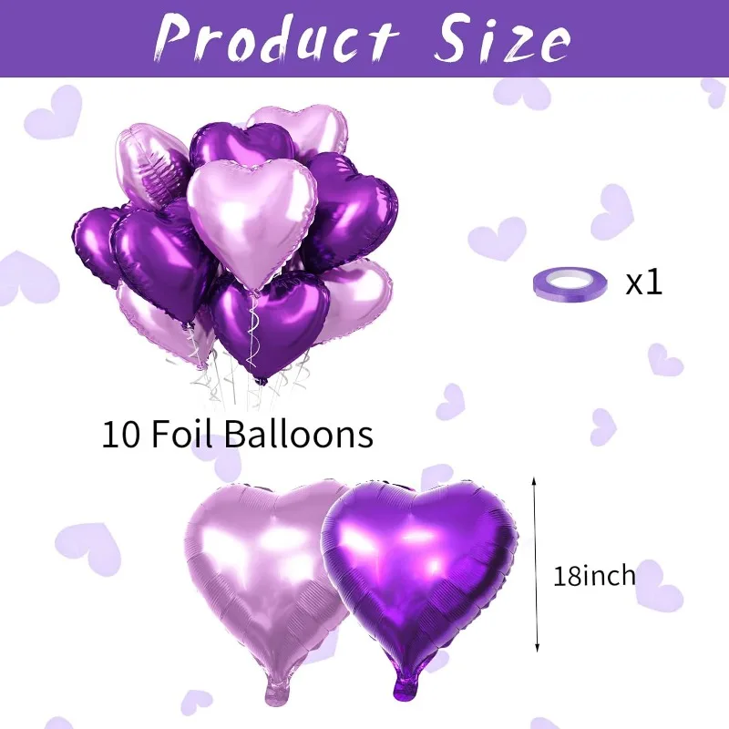 10 Pcs Glossy Purple Foil Heart Balloons Glossy Purple 18inch Foil Heart Shape Balloons with 10 M Ribbon for Wedding Decorations