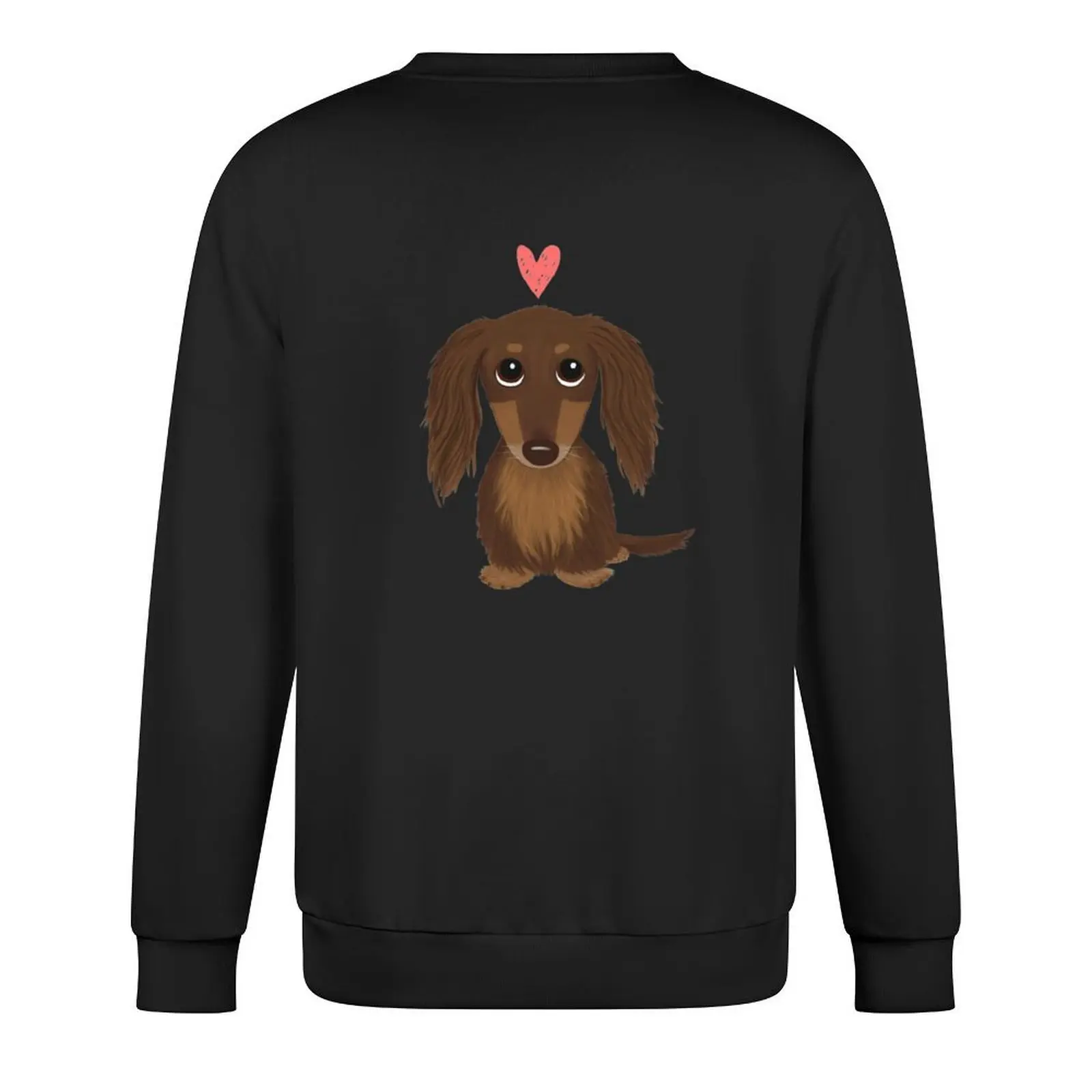 لطيف الكلب Longhaired الشوكولاته Dachshund Wiener الكلب مع القلب السترة الملابس الجمالية بلوزات الرجال