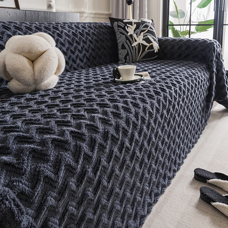 Solid Corrugated Jacquard Sofa Towel Super Soft Thick Warm Knee Blanket for Home Office Full Cover Easy-Care Corner Couch Covers