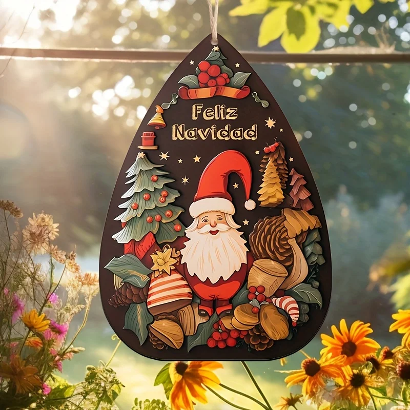 2D flache festliche Weihnachtsmann-Holztafel mit „Feliz Navidad“ spanischem Slogan, klassische Weihnachts-Wanddekoration, Zuhause, Partyzubehör