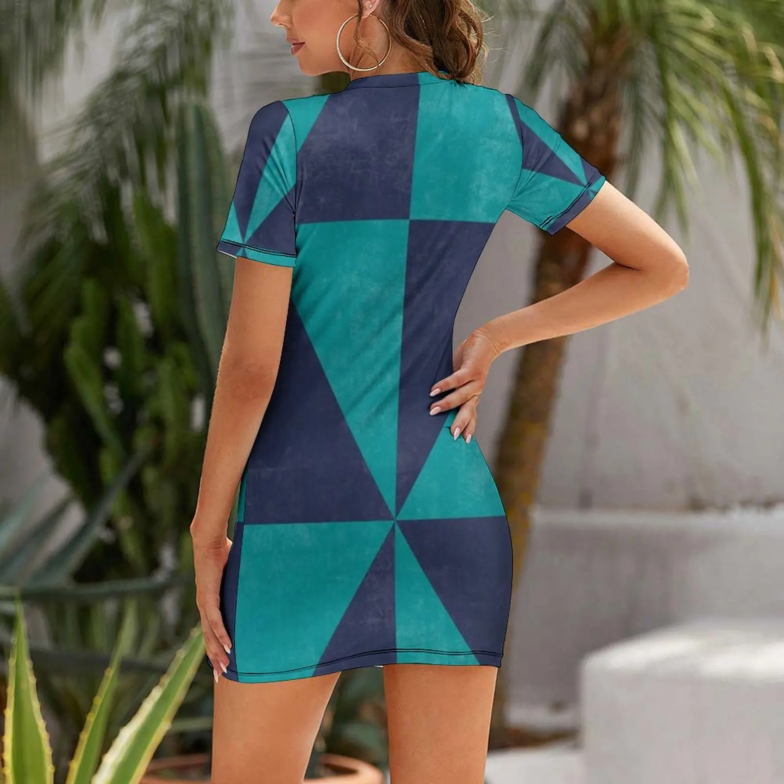 Geometric Triangle Pattern - Turquoise, Blue Concrete Short Sleeved Dress women's clothing korea stylish Women's long dress