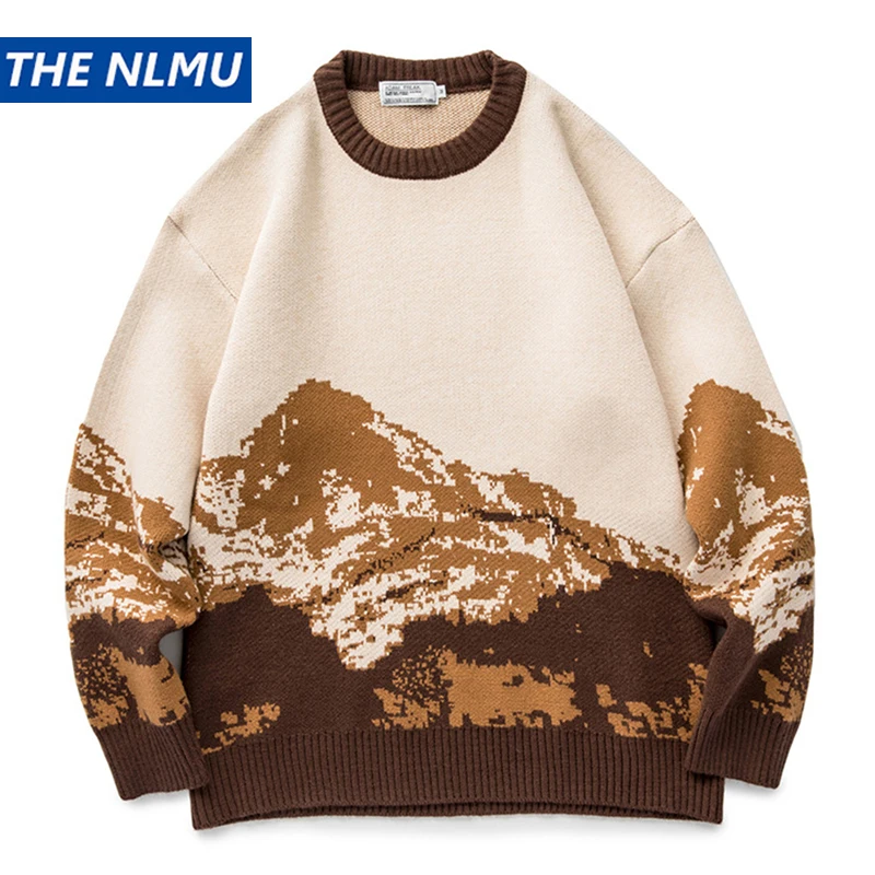 Vintage Mountain Print O-Neck Sweater Japanese Style Loose Casual Couple Knit Pullover Tops