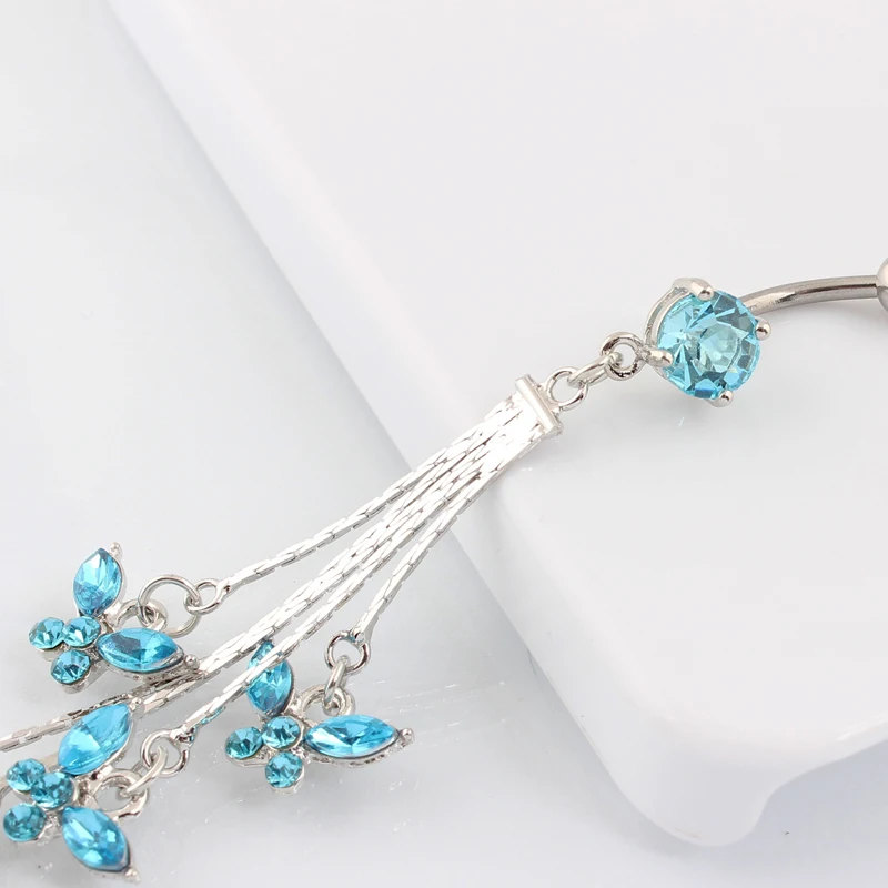 Crystal Tassel Butterfly Navel Bar Body Piercing Belly Button Ring  Fashion Navel Ring 14G 316L Surgical Steel Bar Nickel-free