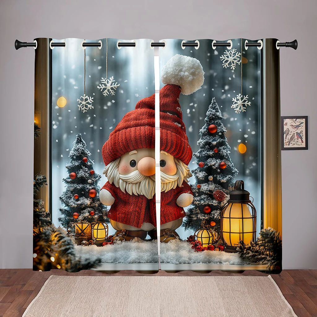 2 Pcs Santa Claus Holiday Curtains Red clothing Romantic Snow Christmas Tree Lanterns Bedroom Living Room Decorative Curtains