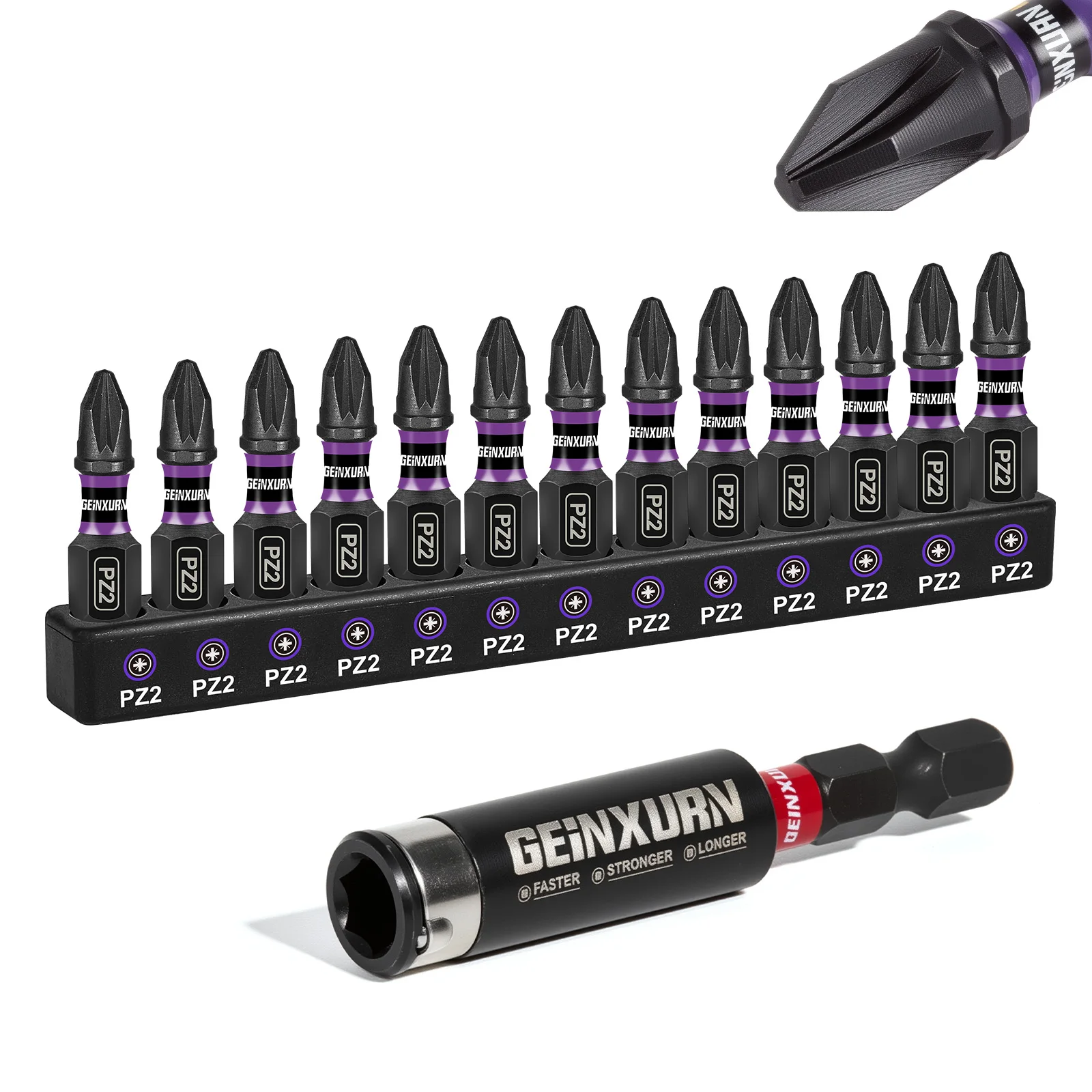Geinxurn Impact #2 Pozidriv Screwdriver Bits Set, 1” Magnetic S2 Steel Bits Set and Impact Bit Holder with Color Coded Base