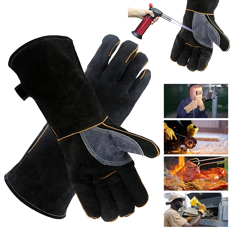 1 pair New Heavy Duty Welding Gloves Heat Resistant Leather Stoves Fire Gloves