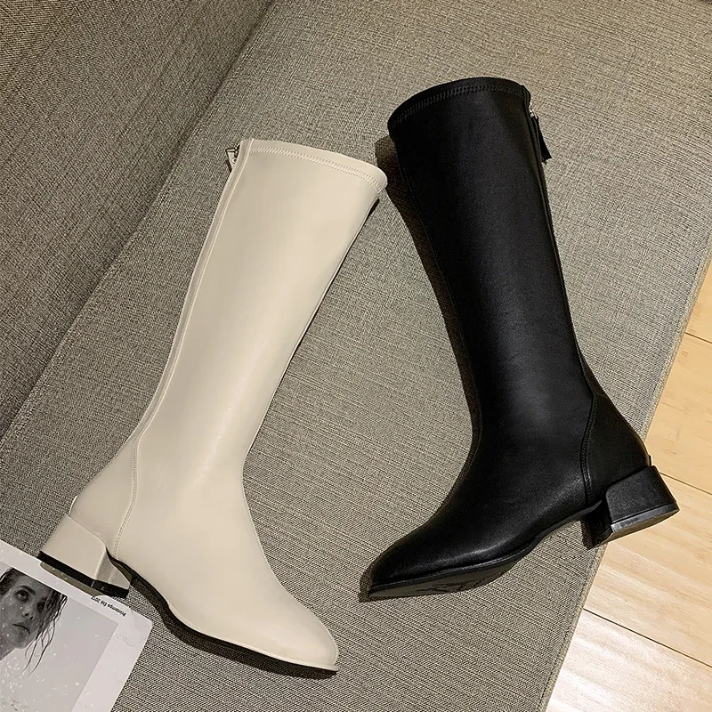 Women Knee High Boots Female Leather Knight Boots Booties Lady High Heels White Autumn Shoes Women