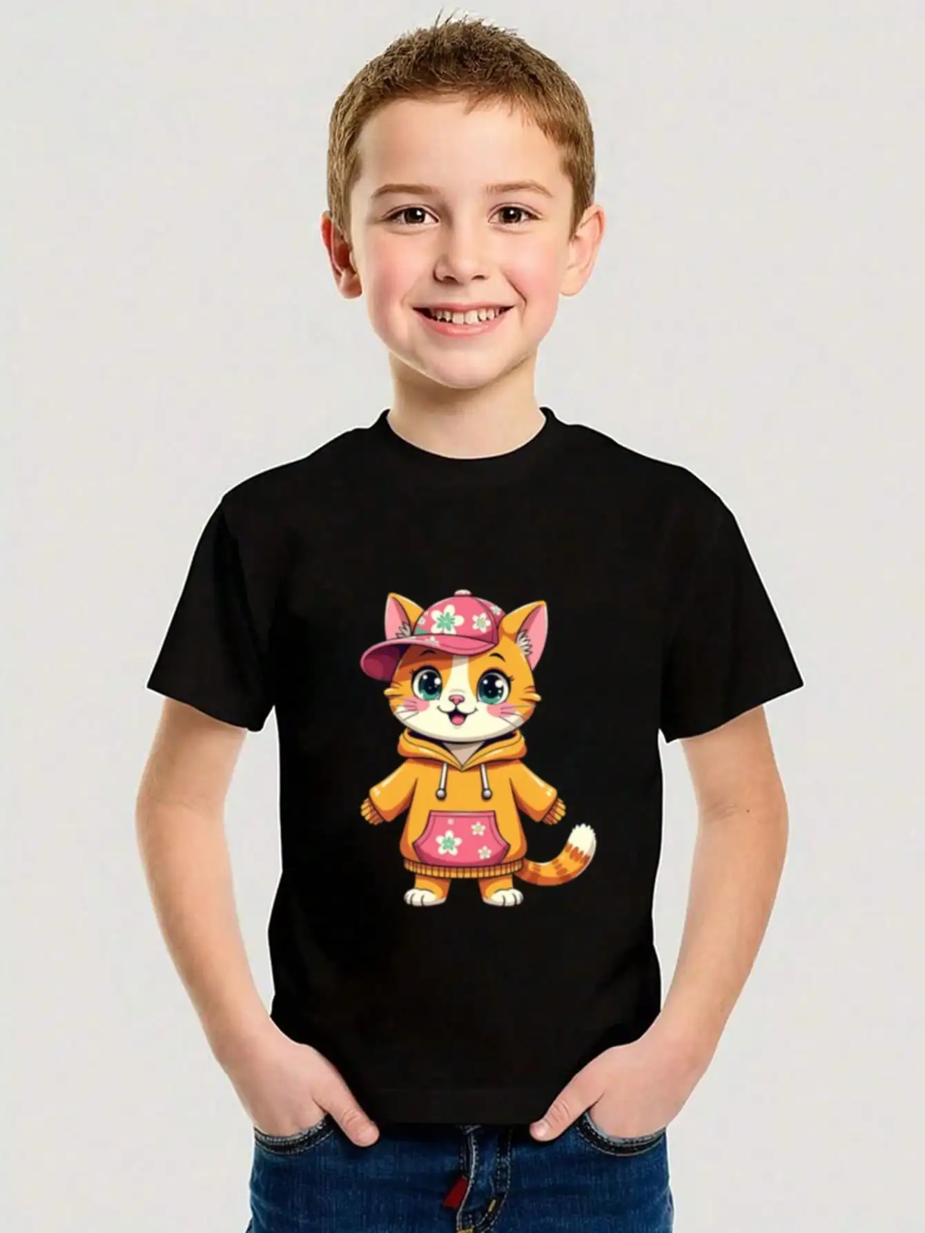 

Boys/Girls Summer Cartoon Cat Cotton Graphic Tees, Black Short Sleeve Summer Tops With Cute Kitty Design