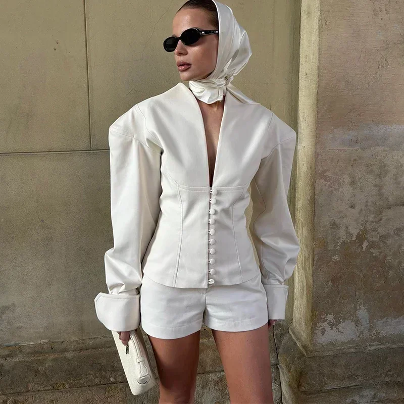 Tornova 2025 Autumn New Waist-closed Blazer Coat Women's V-neck Long Sleeve Buttons Slim Short Coat Fashion Office Lady Blazer