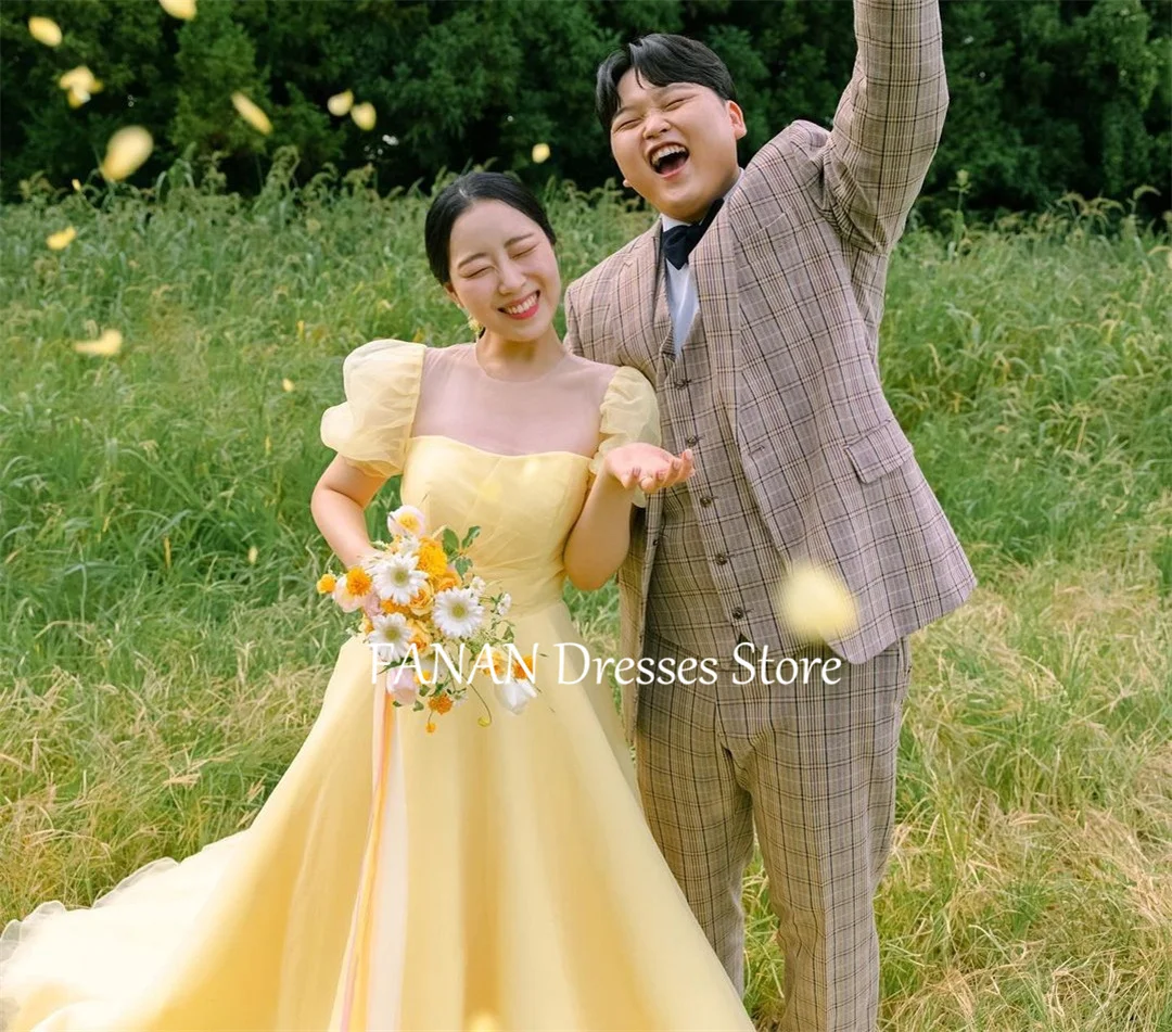 FANAN Yellow Tulle  Evening Party Dresses Korea Princess O-Neck Short Sleeves Wedding Women  Gowns Event Prom Gowns Customized