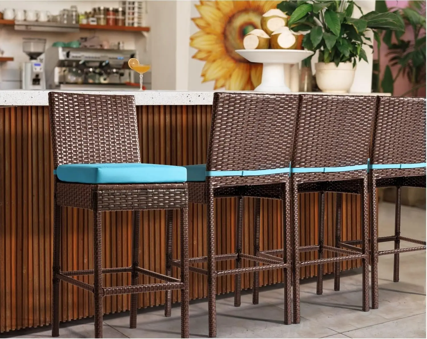 Patio Stools & Bar Chairs Set of 4 Wicker Woven Outdoor Bar Stools Bar Height Chairs High Back with Footrest Armless Cushion Blu