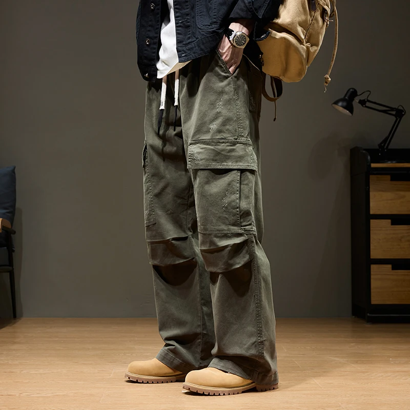

Men's Baggy Cargo Pants with Pockets 100% Cotton Drawstring Elastic Waist Wide Leg Outdoor Casual Pants Plus Size 8XL