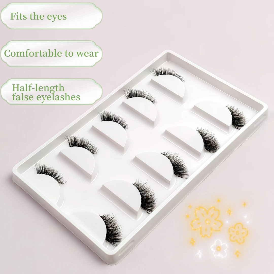 Fox Eye & Cat Half False Eyelashes, 5 Pairs Natural C/D Curl Transparent Band Lashes, Soft Beginner-Friendly Lash Pack for Stunn