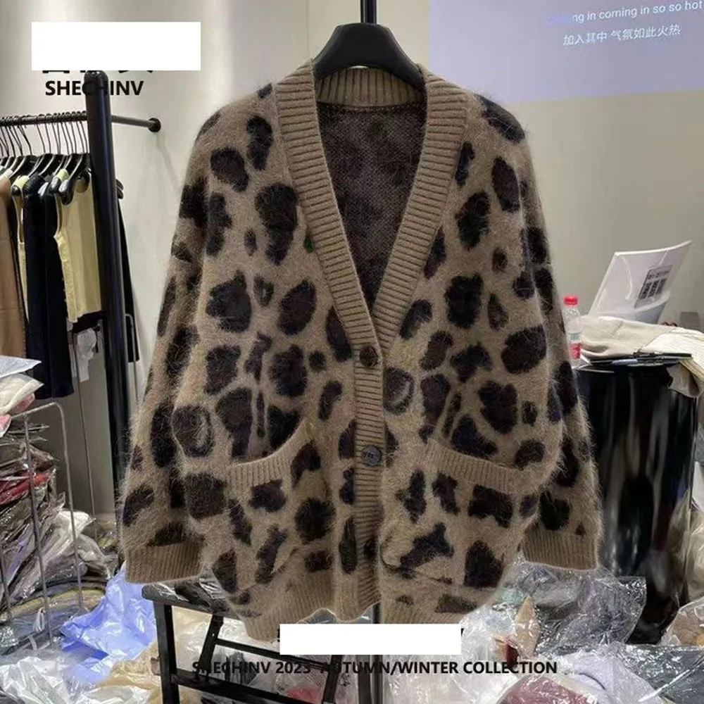 

Осень/зима, новая женская одежда, леопардовые шикарные свитера, вязаный кардиган с длинными рукавами, женский универсальный топ с v-образным вырезом, свободное женское пальто