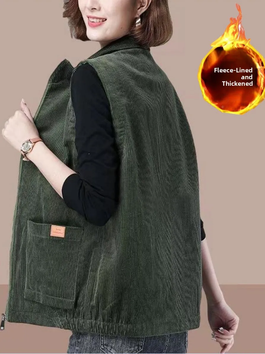 

Thickened Fleece Lined Corduroy Vest for Middle-Aged And Elderly Mothers Large Size Korean Style Commute Casual High Waist