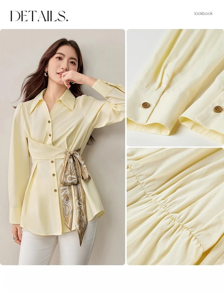 Sentubila 100% algodão feminino cachecol cinto camisa outono 2025 cintura polo pescoço elegante commuter blusa manga longa topo w53ca2860