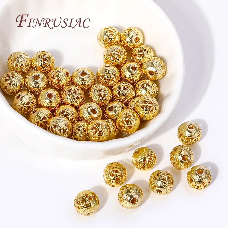 18K Gold Plated Hollow Pattern 8mm Round Metal Ball Spacer Beads For Bracelet Jewelry Making Supplies DIY Findings Accessories