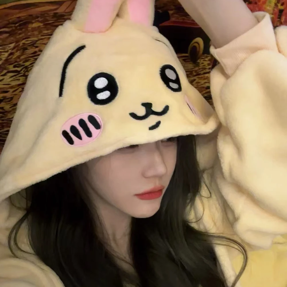 Y2K Kawaii Chiikawa Usagi Onesie Pyjamas Corail Velours Pyjama à capuche Dessin animé Hachiware Femmes Velours Étudiant Anime Homeclothes