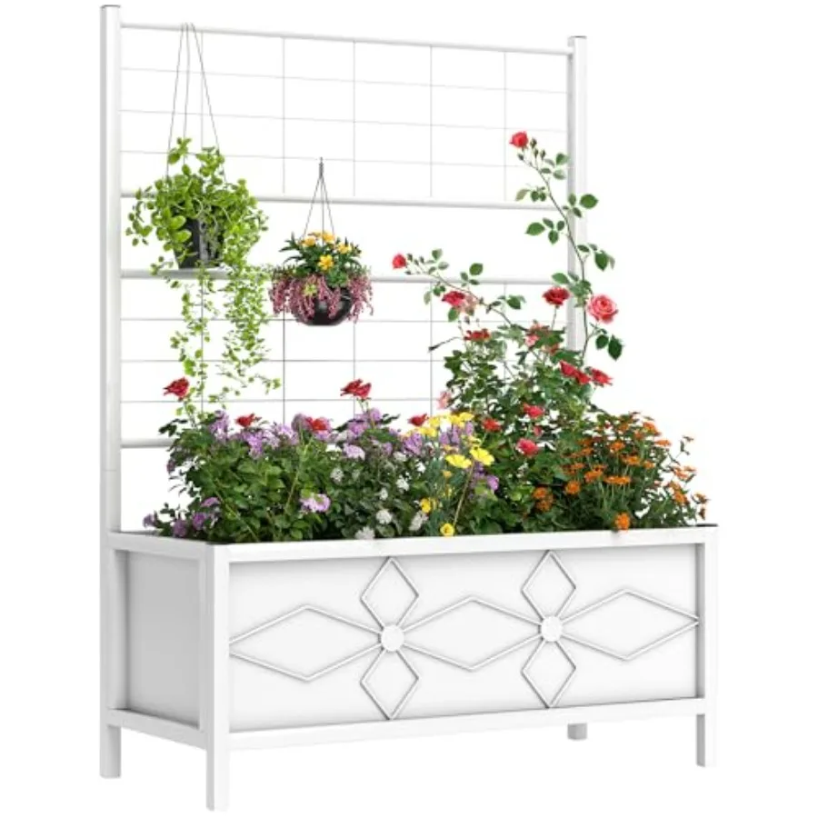 Raised Garden Bed with Trellis 35.4 x 15.7 x 47.2 inch Planter Box for Outdoor Plants Vegetables Flowers Herbs White Wooden Pla