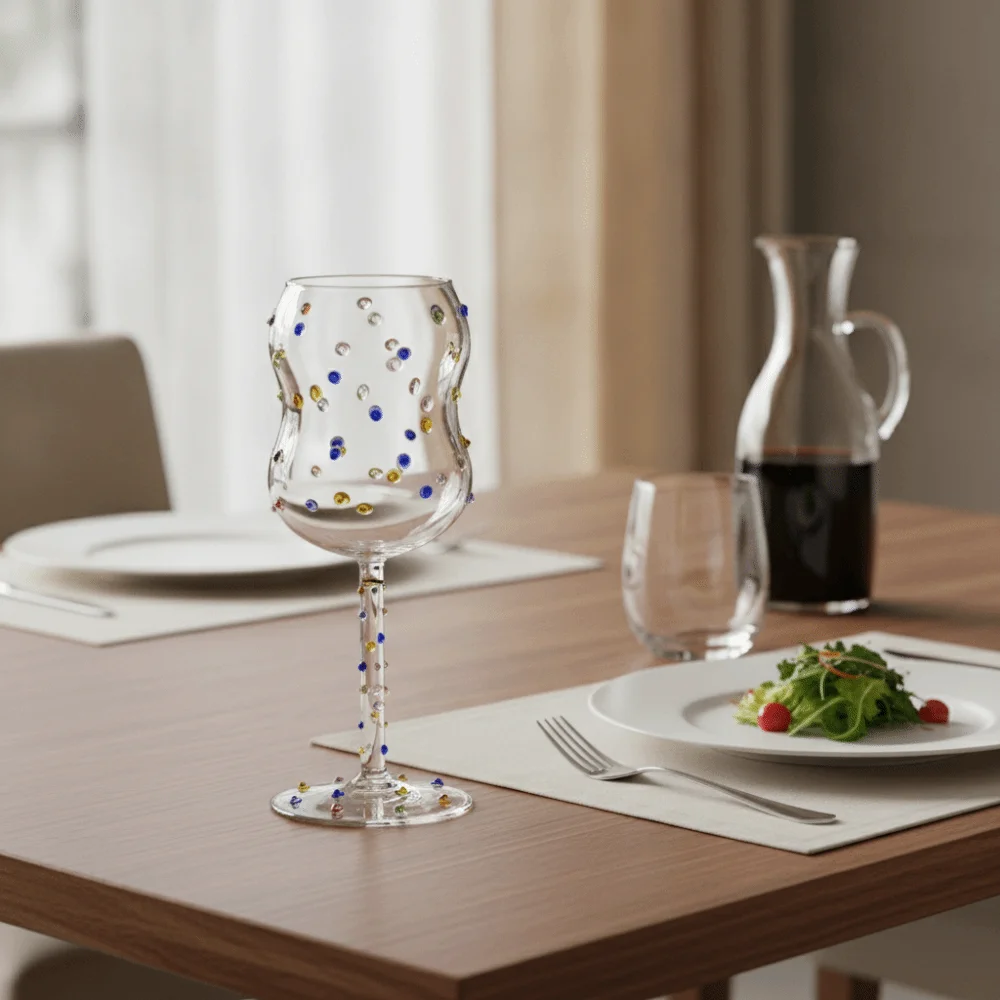 Creative Glass Colorful Dot Goblet Cup Embossed Heat-resistant Tall Glass Transparent Thin-walled Stemmed Glass Banquet