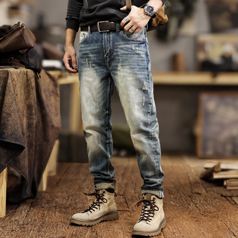 جينز أمريكي كاجوال ملابس الشارع للرجال |   مغسول ومتعثر مع بنطال جينز ضيق مدبب