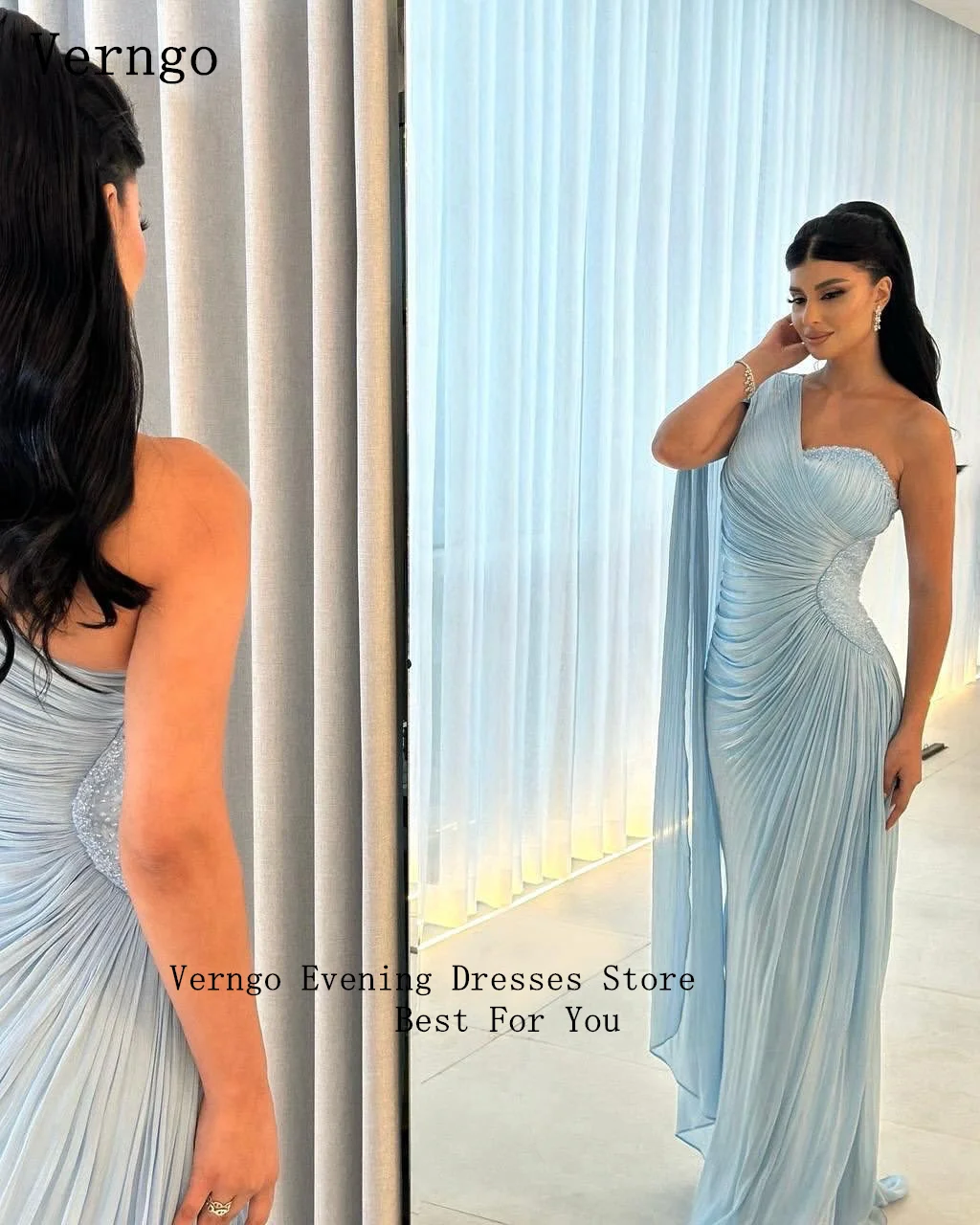 فستان سهرة أزرق لامع من Verngo بكتف واحد حورية البحر مناسبة رسمية أنيقة فساتين حفلات حورية البحر مخصصة #4