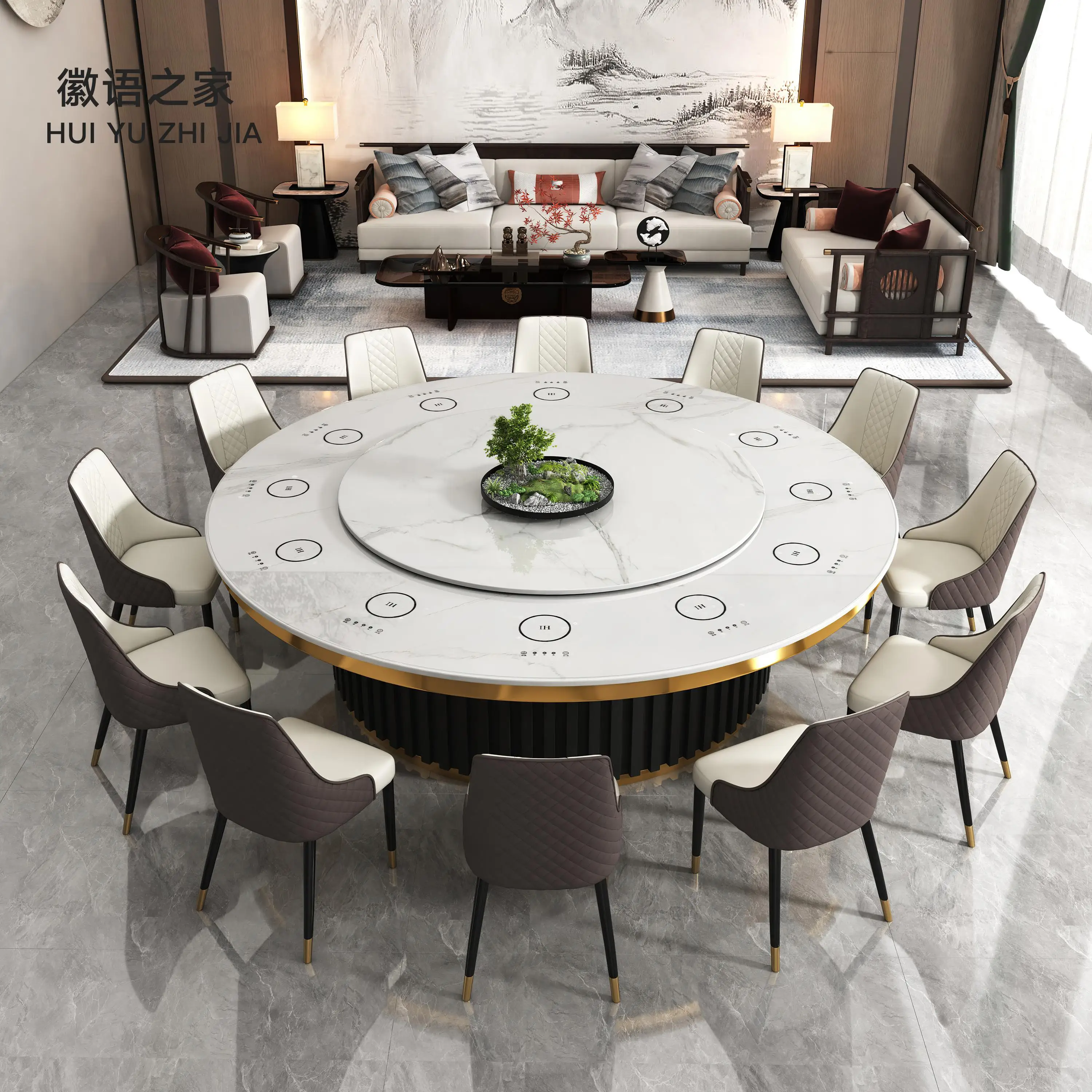 Hotel rock slab dining table large round table with electric turntable 20 people restaurant hotel box commercial induction cooke