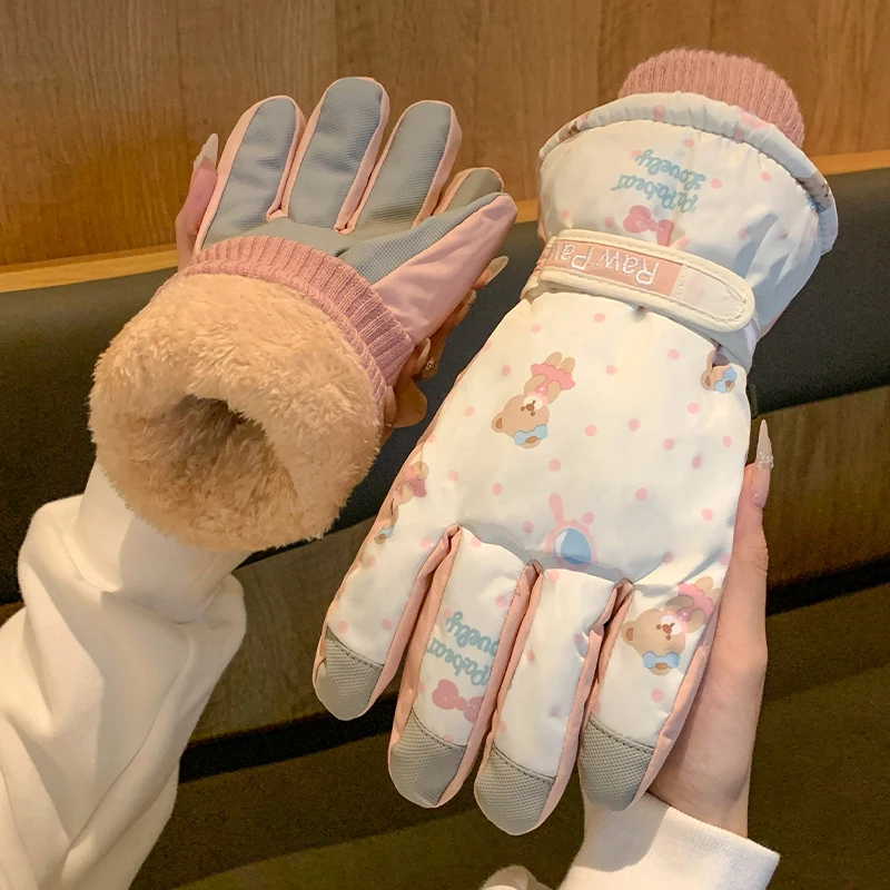 

Thiened Fce зимние перчатки женские лыжные водонепроницаемые ветрозащитные теплые велосипедные перчатки с медведем для езды на открытом воздухе с сенсорным экраном