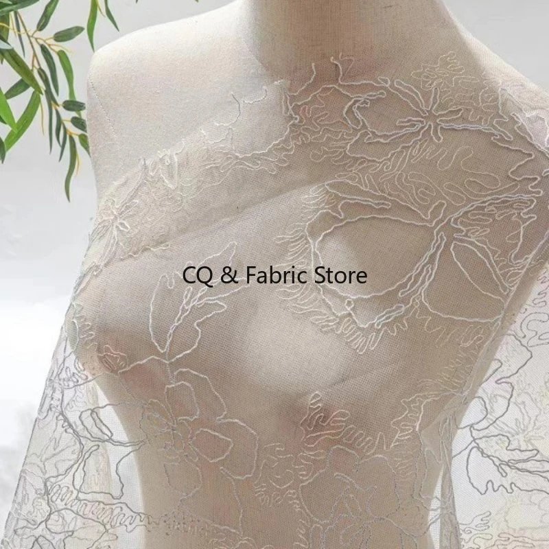 Apricot 3D Embroidered Mesh Lace Fabric With Rope Stitching For Traditional Cheongsam Dresses By The Yard