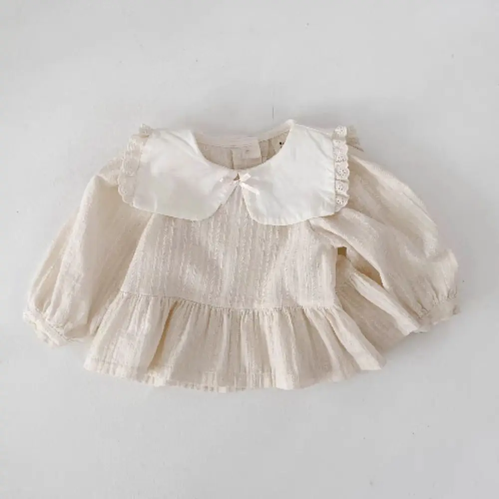 2025 otoño nuevas camisetas de manga larga con solapa para niñas, camisas lisas de encaje con bonito lazo, camisetas holgadas de algodón para bebés, ropa para niños pequeños